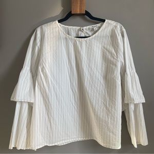 Madewell White Tiered Sleeve Top with Grey Pinstripes